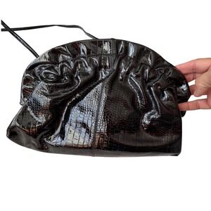 Brio! Vintage Black Croc Embossed Patent Leather Ruched Crossbody Bag Korea